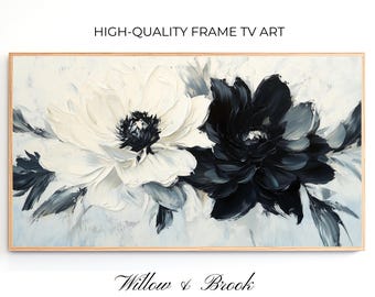 Black and White Floral Samsung Frame TV Art: Textured Oil Painting (Digital Download)