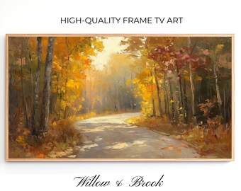 May include: A painting of a winding road through a forest in autumn. The trees are a mix of yellow, orange, and red. The road is paved and leads into the distance. The painting is titled "Willow & Brook".