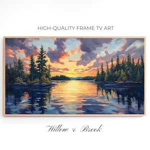 May include: A framed painting of a lake scene with a sunset over the water. The lake is surrounded by trees and the sky is a mix of orange, pink, and purple. The painting is titled "Willow & Brook".
