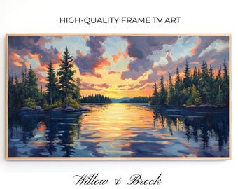 Samsung Frame TV Art: Forest and Lake Sunset Landscape Oil Painting Artwork (Digital Download)