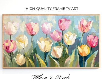 Samsung Frame TV Art: Spring Tulip Textured Floral Oil Painting Artwork for Digital Download