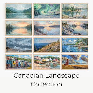 Puede incluir: Una colección de 10 pinturas enmarcadas que representan diversos paisajes canadienses. Las pinturas presentan escenas de lagos, bosques, montañas y pueblos. Las pinturas están todas en un estilo similar, con un enfoque en el realismo y el detalle.