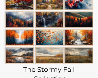May include: A collection of nine framed paintings depicting various autumnal landscapes. The paintings feature vibrant colors, including reds, oranges, yellows, and browns, and depict scenes of forests, waterfalls, and rivers. The title "The Stormy Fall Collection" is displayed below the paintings.