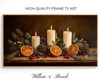 May include: A painting of four white candles with orange slices and greenery on a wooden surface. The candles are lit and the oranges are sliced in half. The painting is titled "Willow & Brook".