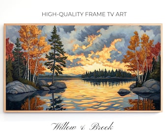 May include: A framed painting of a lake scene with a golden sunset reflected in the water. The lake is surrounded by trees with fall foliage, including yellow, orange, and red leaves. The painting is titled "Willow & Brook".