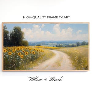 May include: A painting depicting a winding dirt road leading through a field of sunflowers. The road leads to a distant view of a valley with rolling hills and a blue sky with white clouds.