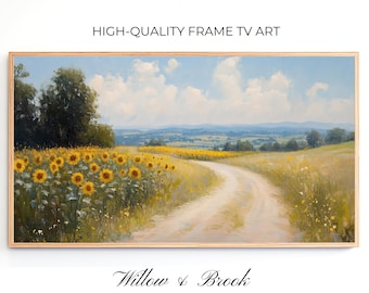 May include: A painting of a winding dirt road leading through a field of sunflowers. The road leads to a distant view of a valley with rolling hills and a blue sky with white clouds.