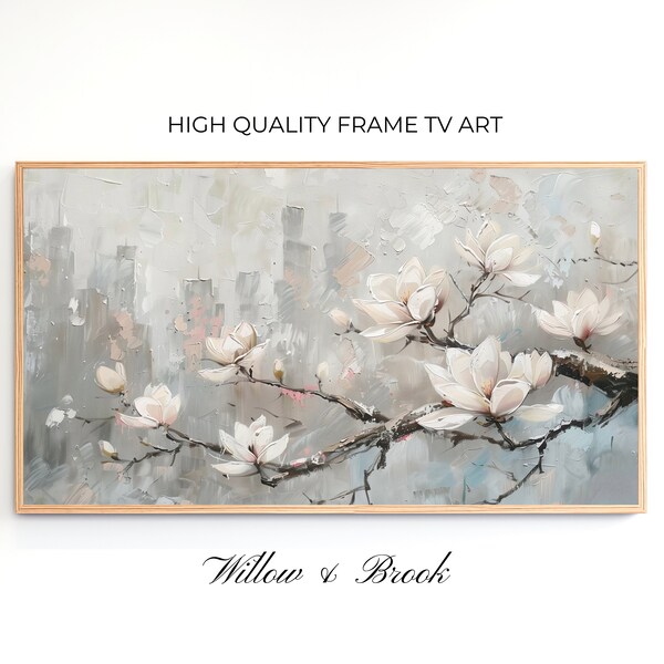 Samsung Frame TV Art Magnolias, Modern Frame TV Art, Spring Frame TV Art, Cityscape, Floral, Neutral, Texture Oil Painting, Instant Download