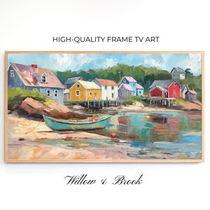 Coastal Village Samsung Frame TV Art, Summer Frame TV Art, Colorful Frame TV Art, Ocean Village, Textured Oil Painting, Instant Download