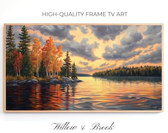 May include: A framed painting of a lake scene with a sunset sky. The lake is calm and reflects the colors of the sky. There are trees on the shore and a small island in the middle of the lake. The painting is titled "Willow & Brook".