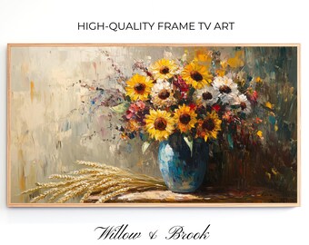 Frame TV Art: Sunflower and Wheat Summer or Fall Still Life Painting (Digital Download)