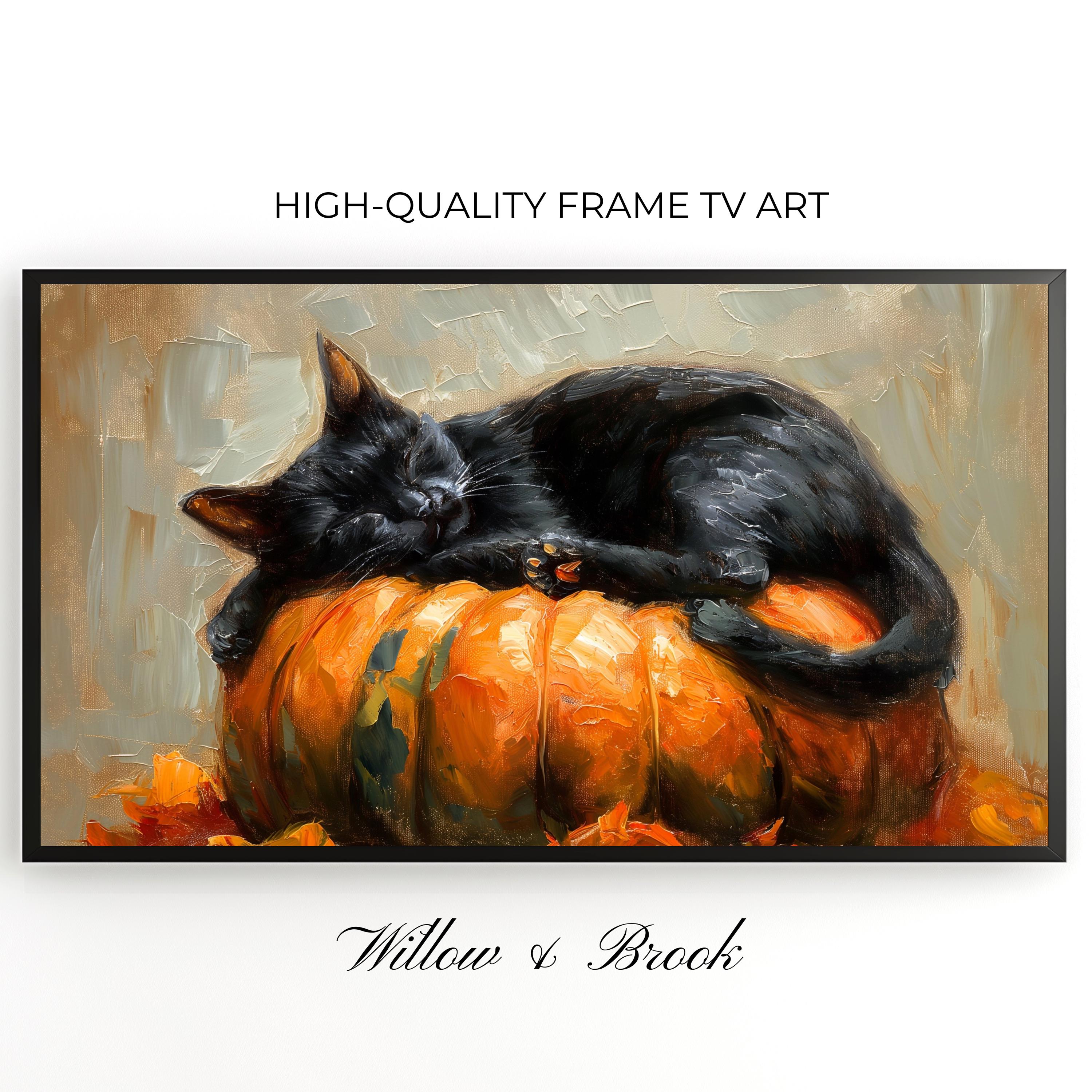Frame TV Fall Art: Black Cat on Pumpkin Halloween Still Life