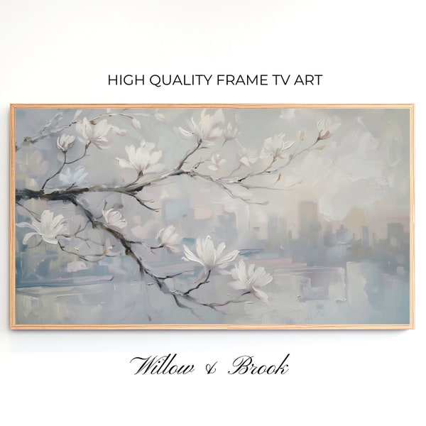 Samsung Frame TV Art Magnolia Skyline, Spring Frame TV Picture, Modern Frame TV Image, Neutral, Textured Oil Painting, Instant Download