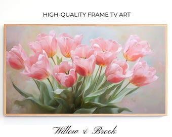 Samsung Frame TV Art: Pink Tulips Spring Floral Oil Painting Artwork for Digital Download