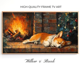 May include: A painting of a corgi dog sleeping in front of a fireplace with a Christmas tree in the background. The dog is brown and white and has its eyes closed. The fireplace is lit and has logs burning in it. The Christmas tree is decorated with ornaments and lights.