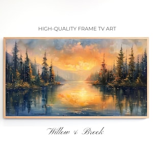 Lakeside Summer Sunset Landscape Art made for the Samsung Frame TV, Textured Digital Oil Painting, Downloadable Lodge or Cottage TV Art