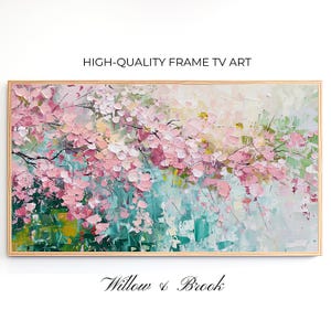 Samsung Frame TV 用に作成された桜の春のアート、Samsung Frame TV 用のテクスチャ付き抽象花油絵、ダウンロード可能な TV アート
