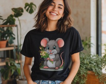 Mouse Graphic Tee | Heavyweight Cotton Apparel, Flower Bouquet Design