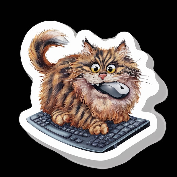 Techie Tabby: A 2″ × 2″ Keyboard Cat with Mouse Die-Cut Sticker