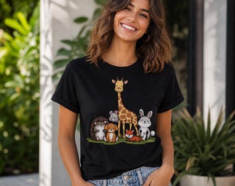 Happy Animal Squad Graphic Tee: Giraffe, Hedgehog, Puppy, Fox, Bunny, Hippo