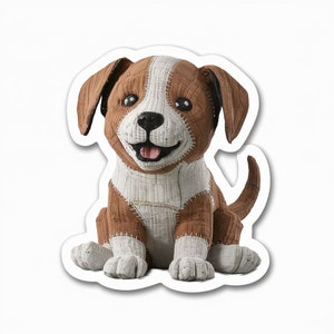 May include: A brown and white patchwork puppy toy with a stitched smile and a brown tail. The toy is sitting on a white background.