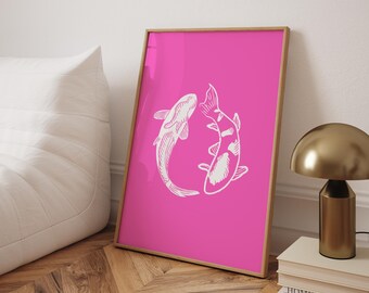 Roze koi vissen muur kunst minimalistische badkamer trendy chique nautische stijl moderne Japanse print vintage retro esthetische moderne woonkamer print
