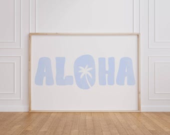 Aloha Wall Art Blue Coastal Print Trendy Horizontal Decor Beach House Wall Decor Vintage Beach Wall Art Tropical Decor Palm Tree Retro Print