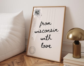 From Wisconsin With Love Trendy Postcard Print Wisconsin State Travel Print Black Typography Art Minimalist Preppy Dorm Print Over Bed Print