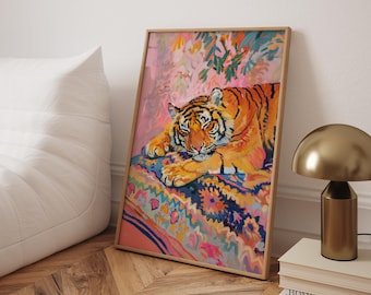 Maximalist tiger bathroom wall art aesthetic pink wall art living room dopamine decor preppy print trendy tiger prints for bedroom art decor