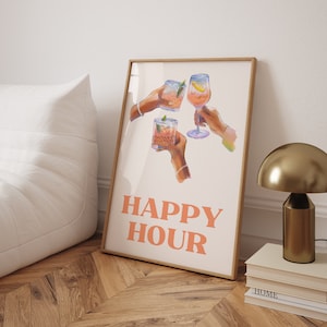 Happy Hour Print Bar Cart Decor Cute Drinks Aesthetic Minimalist Printable Wall Art Alcohol Poster Cocktail Martini Bar Cart Accessories
