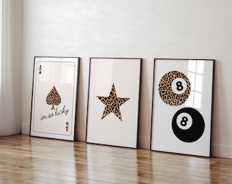 set of 3 leopard print aesthetic dorm decor luxury fashion poster ace of spades print star wall art leopard 8 ball decor leopard gallery set