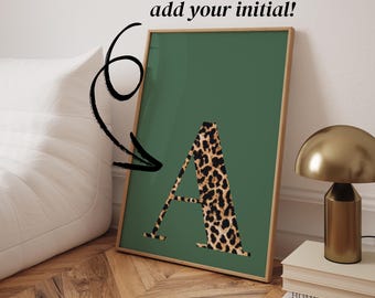 CUSTOM initial print green and leopard wall art green cheetah print wall art custom dorm room decor aesthetic college apartment decor