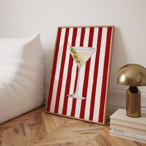 Wydruk artystyczny Martini Minimalistyczna sztuka ścienna Wydruk artystyczny wózka barowego Wydruk artystyczny koktajlowy Wydruk alkoholowy Czerwony wystrój apartamentu w college'u Estetyczne linie na plaży