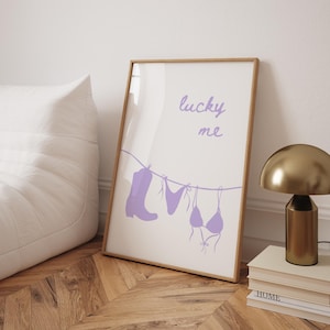Modny nadruk bikini dziewczęcy fioletowy dekoracja ścienna plakat Lucky Me nadmorski nadruk kowbojki estetyczny wystrój akademika szykowny apartament studencki letni nadruk