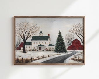 christmas tree prints for farmhouse rustic barn wall art printable winter scene holiday decor snowy landscape decor horizontal christmas art