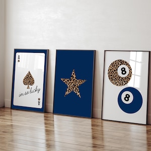 Set Of 3 Leopard Prints Retro Dorm Print Navy Luxury Fashion Art Trendy Ace Of Spades Star Prints Leopard 8 Ball Decor Navy Blue Gallery Set