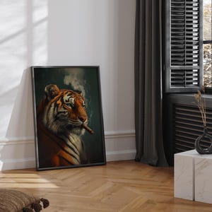 May include: A framed print of a tiger with a cigar in its mouth. The tiger is looking to the right and has a serious expression. The background is a dark green color with smoke coming from the cigar.