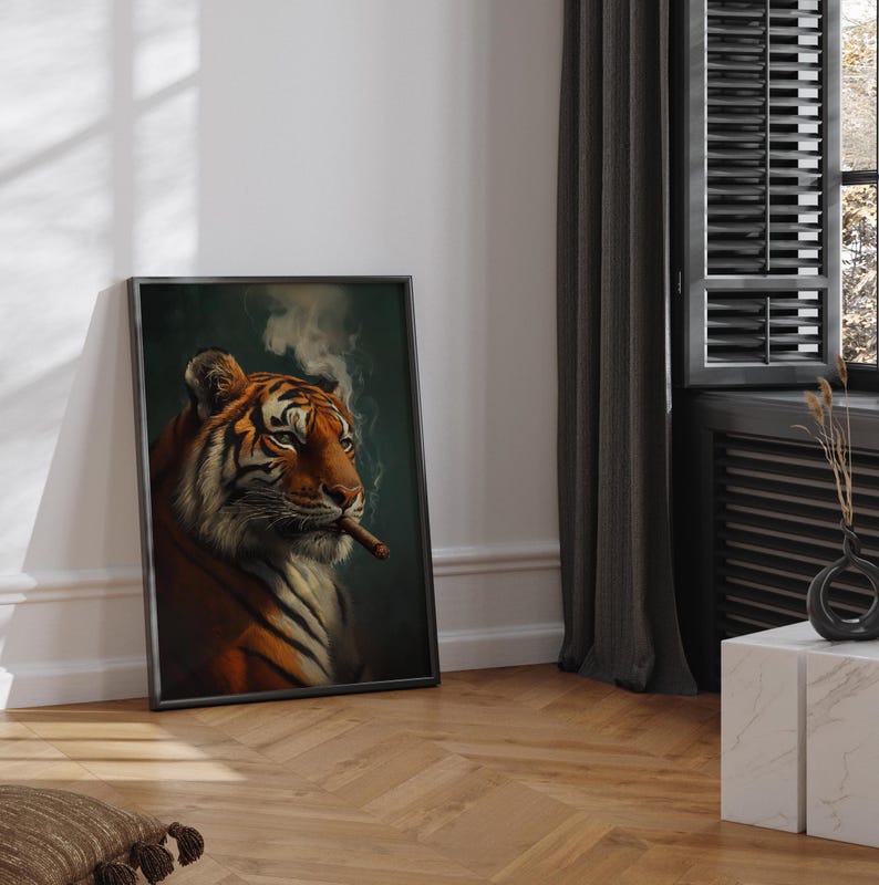 May include: A framed print of a tiger with a cigar in its mouth. The tiger is looking to the right and has a serious expression. The background is a dark green color with smoke coming from the cigar.