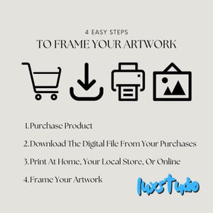 May include: A graphic instructional guide titled 4 EASY STEPS TO FRAME YOUR ARTWORK with black icons representing a shopping cart, download arrow, printer, and framed picture. It lists four steps and includes the blue text logo luxstudio.