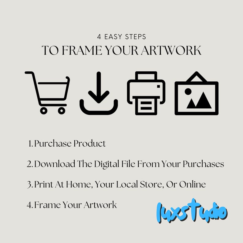 May include: A graphic instructional guide titled 4 EASY STEPS TO FRAME YOUR ARTWORK with black icons representing a shopping cart, download arrow, printer, and framed picture. It lists four steps and includes the blue text logo luxstudio.