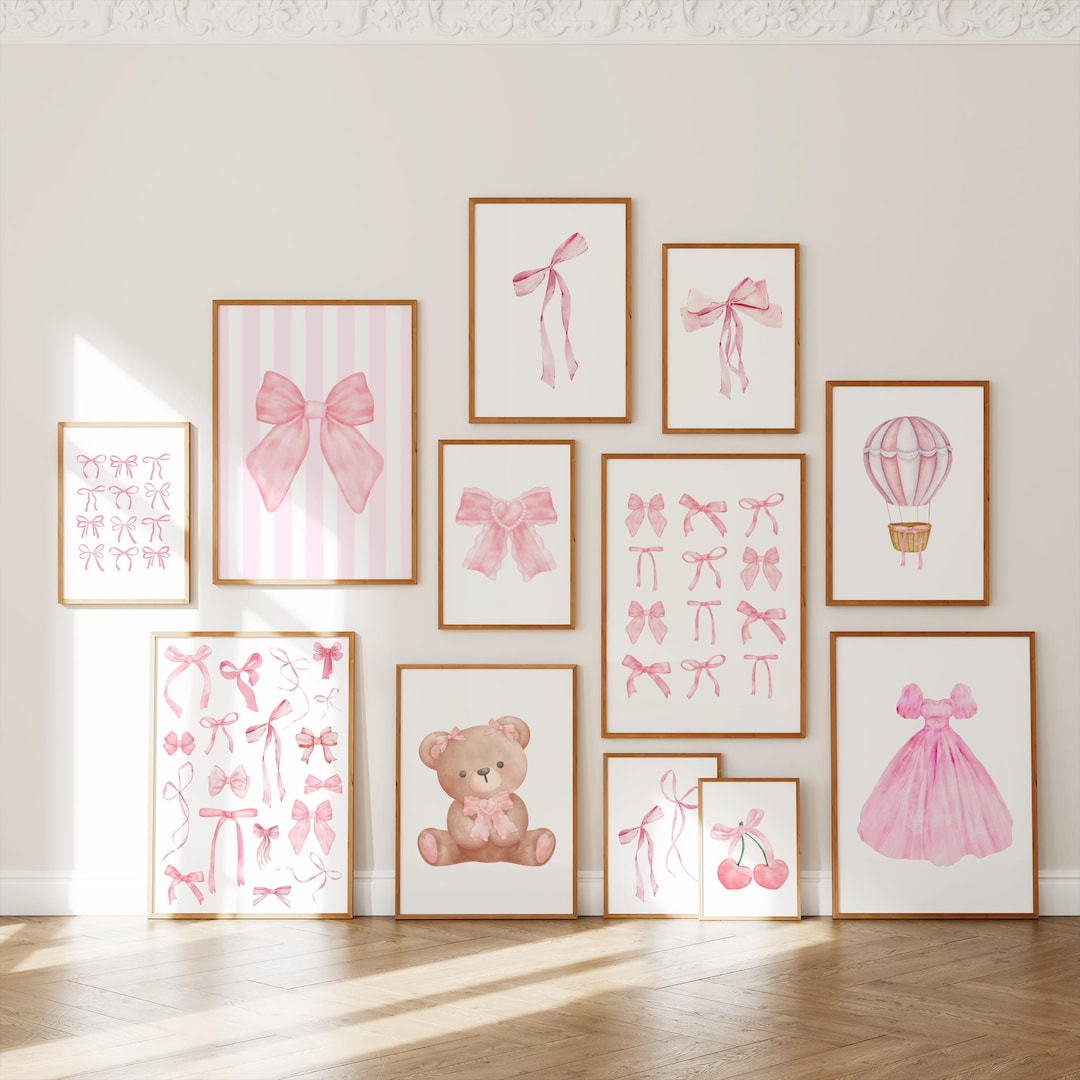 Set of 12 Pink Bow Print for Nursery Pink Bow Wall Art Hot Air Balloon ...