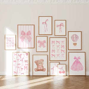 set of 12 pink bow print for nursery trendy bow wall art cute baby girl reveal baby shower gift idea cute teddy bear art pink bow art bundle