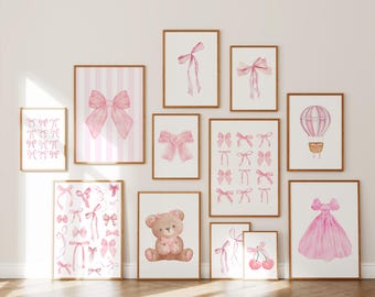 set of 12 pink bow print for nursery pink bow wall art hot air balloon nursery baby shower gift idea cute teddy bear art pink bow art bundle