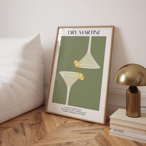 Dry Martini Wall Art Green Bar Cart Prints Retro Aesthetic Wall Art Digital Decor Alcohol Drink Prints Martini Recipe Cards Trendy Cute Art