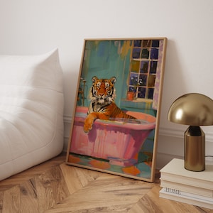 Maximalist Tiger Bathroom Pink Aesthetic Toilet Wall Art Printable Wall Art Dopamine Preppy Poster Trendy Prints Tiger In A Bathtub Painting