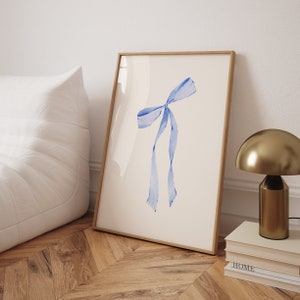 Estampado de lazo azul, coqueta vintage, arte de pared imprimible, decoración minimalista para guardería, decoración de pared para bebé, póster estético lindo y femenino para apartamento