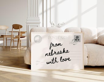 Desde Nebraska con amor, arte mural de Nebraska, impresiones de postales vintage, decoración de postales personalizadas, póster de viaje retro, citas de arte mural de destino