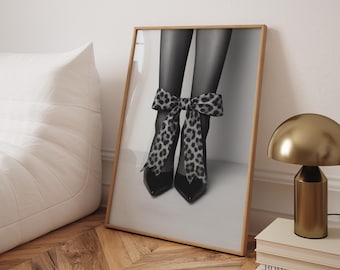 leopard bow prints fashion poster black and white prints black high heels poster dorm room decor aesthetic apartment decor leopard wall art