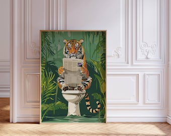 Tiger bathroom print trendy print bathroom wall art funny tiger on toilet poster for bathroom art funny tiger bathroom print tiger newspaper