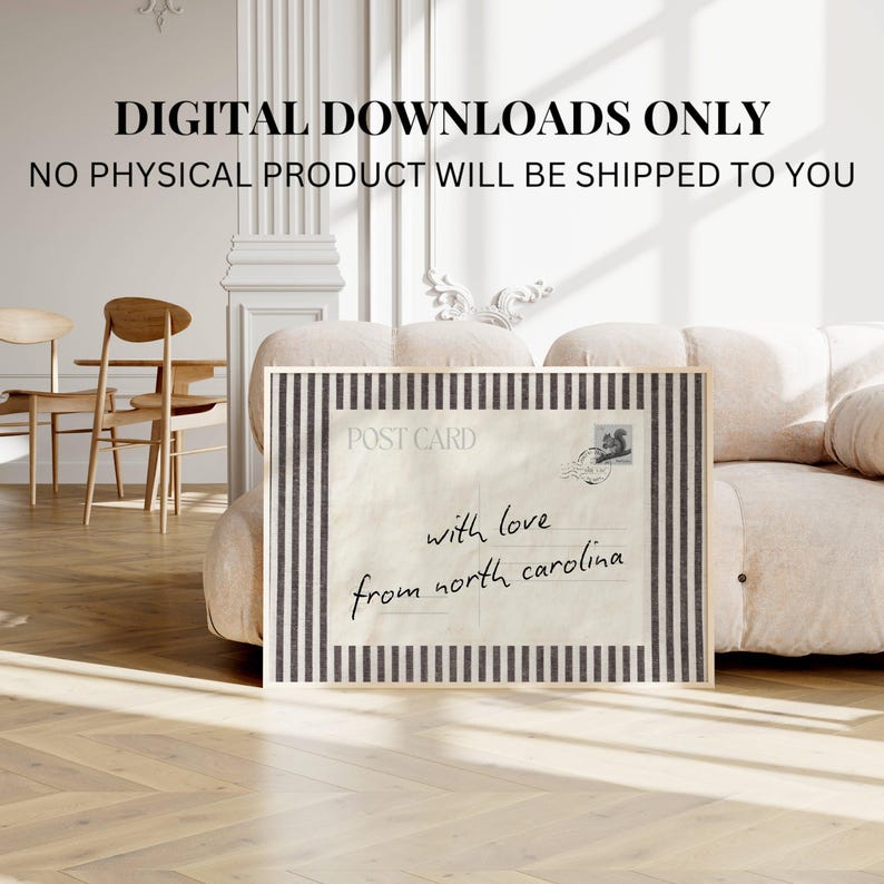 May include: A rectangular wall art print featuring a vintage postcard design with the text 'POST CARD' and 'with love from north carolina' in black script, framed by a black and white vertical striped border. Text reads DIGITAL DOWNLOADS ONLY.